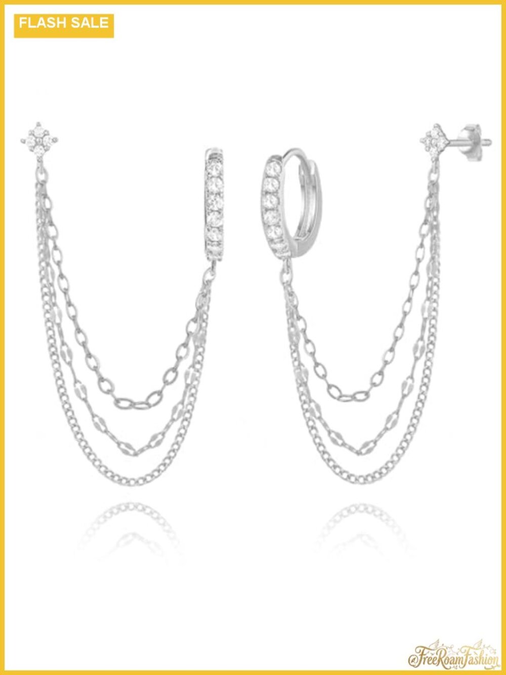 925 Sterling Silver Four Zircon Flower Stud Hoop Double Piercing Chain Earrings